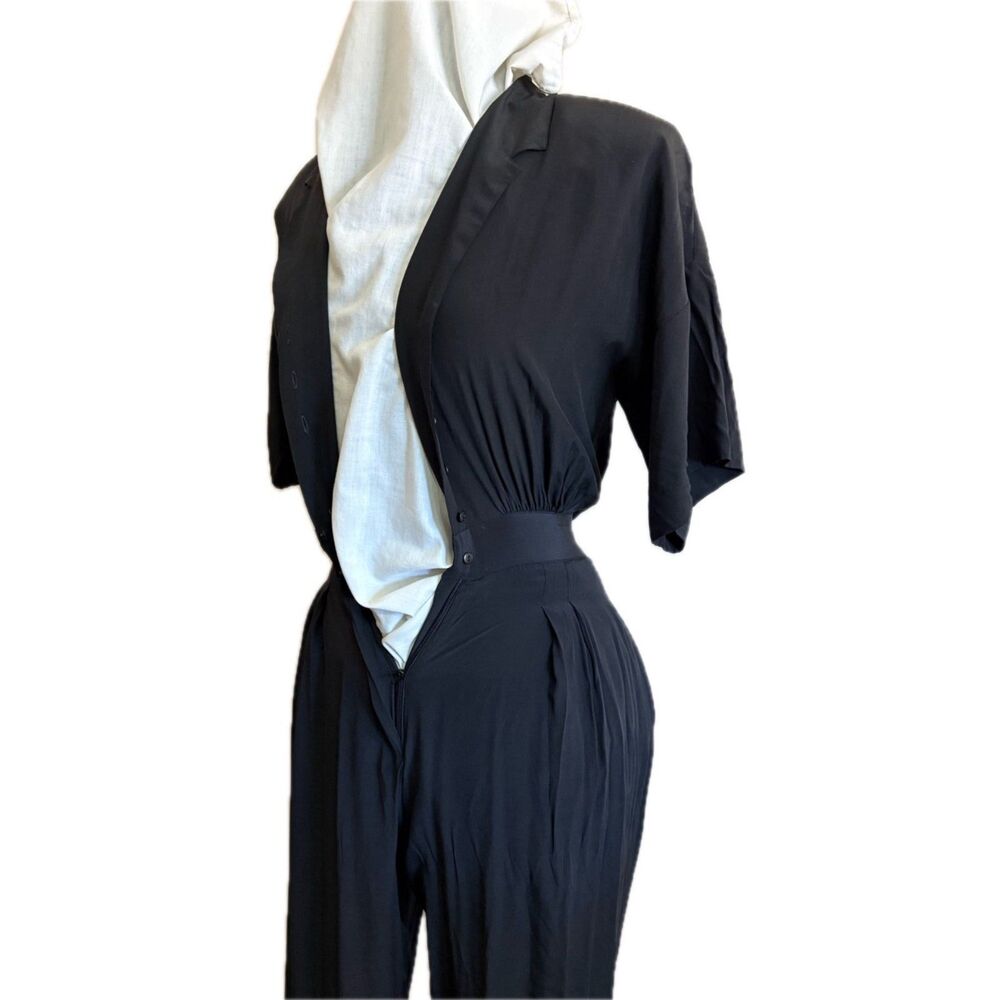 100% Silk Black Jumpsuit Waist Pleating 80s Vtg Medium
